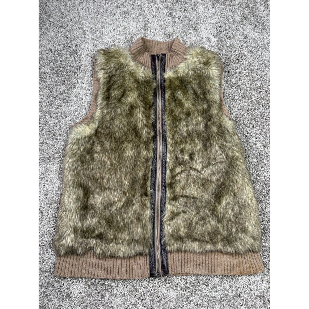 Cynthia Rowley Faux Fur Front Sweater Vest Large Tan Brown Full Zip Knit Back